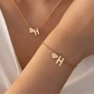NWT personalized letter initial gold necklace and bracelet set LETTER H